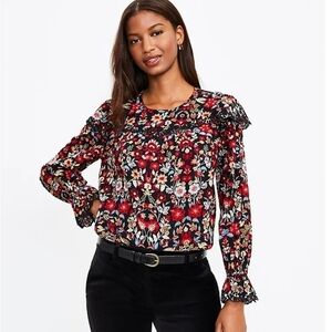 LOFT Forest Ruffle Scalloped Yoke Top NWOT Size XXS